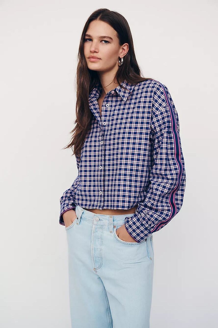 Maeve Anthropologie Cropped Buttondown Shirt Pink Plaid Women's Medium NWT